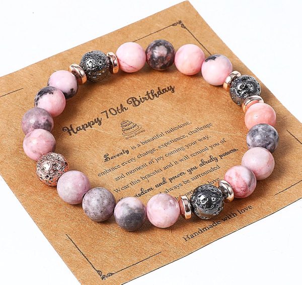 1pc Natural Stone Beaded Bracelet, Handmade Zebra Volcanic Stone Bracelet Decorations with Happy 70th Card, 70th Birthday Gifts for Women Men 70 Year Old Birthday Gift for Mom Dad, Pink & Black - Image 8