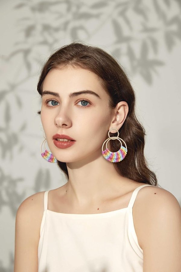 Raffia Hoop Earrings for Women Fun Boho Summer Beach Earrings Lightweight Handmade Straw Wicker Rattan Dangle Earrings Statement Geometric Round Drop Earrings - Image 189
