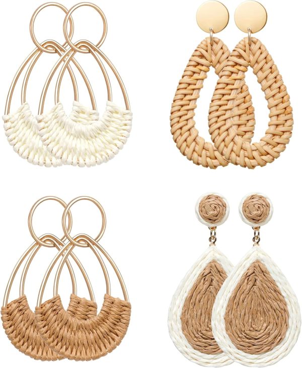 Raffia Hoop Earrings for Women Fun Boho Summer Beach Earrings Lightweight Handmade Straw Wicker Rattan Dangle Earrings Statement Geometric Round Drop Earrings - Image 190
