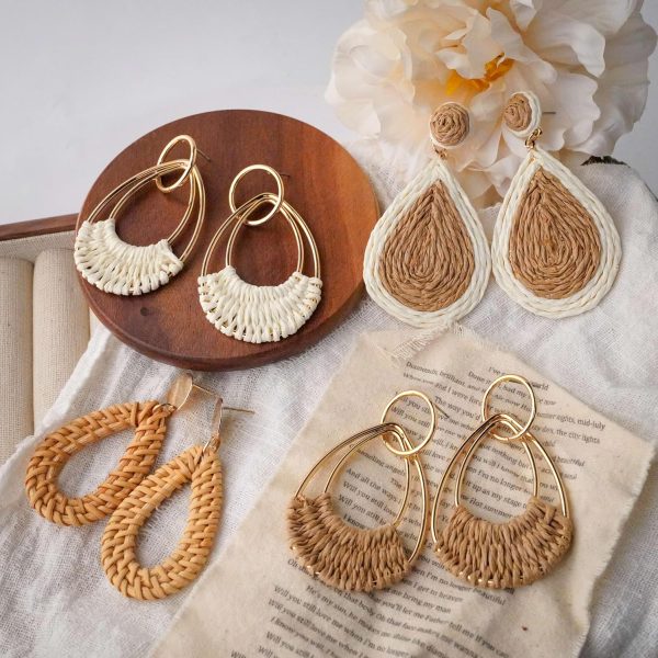 Raffia Hoop Earrings for Women Fun Boho Summer Beach Earrings Lightweight Handmade Straw Wicker Rattan Dangle Earrings Statement Geometric Round Drop Earrings - Image 191