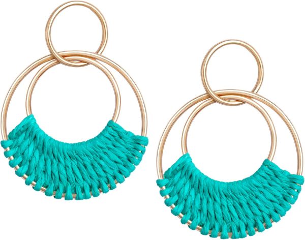 Raffia Hoop Earrings for Women Fun Boho Summer Beach Earrings Lightweight Handmade Straw Wicker Rattan Dangle Earrings Statement Geometric Round Drop Earrings - Image 196