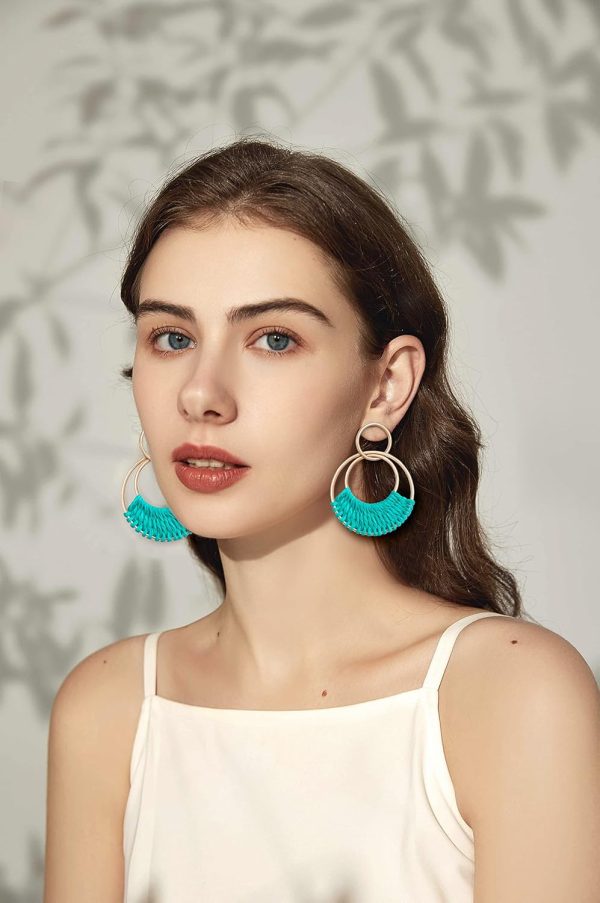 Raffia Hoop Earrings for Women Fun Boho Summer Beach Earrings Lightweight Handmade Straw Wicker Rattan Dangle Earrings Statement Geometric Round Drop Earrings - Image 201