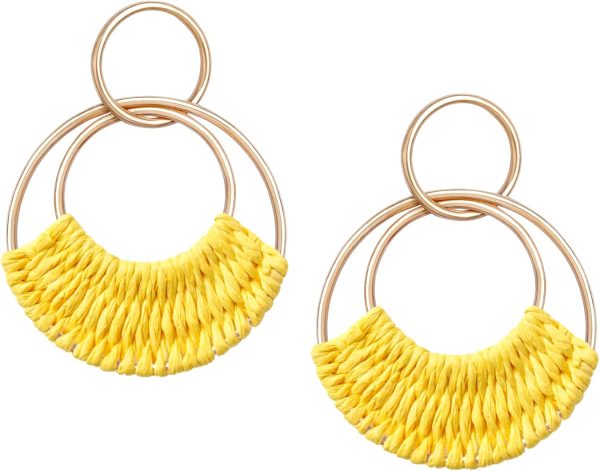Raffia Hoop Earrings for Women Fun Boho Summer Beach Earrings Lightweight Handmade Straw Wicker Rattan Dangle Earrings Statement Geometric Round Drop Earrings - Image 202