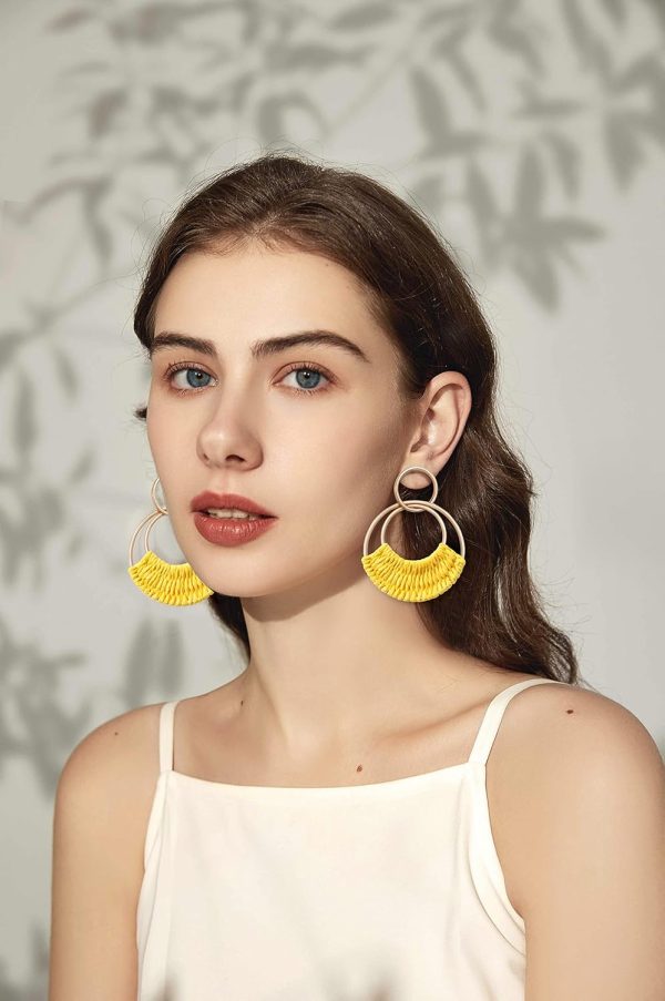 Raffia Hoop Earrings for Women Fun Boho Summer Beach Earrings Lightweight Handmade Straw Wicker Rattan Dangle Earrings Statement Geometric Round Drop Earrings - Image 207